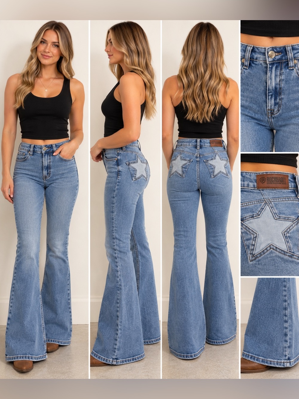 Rock & Roll Denim Womens 26x34 High Rise Flare Jeans Blue Star Pockets Western